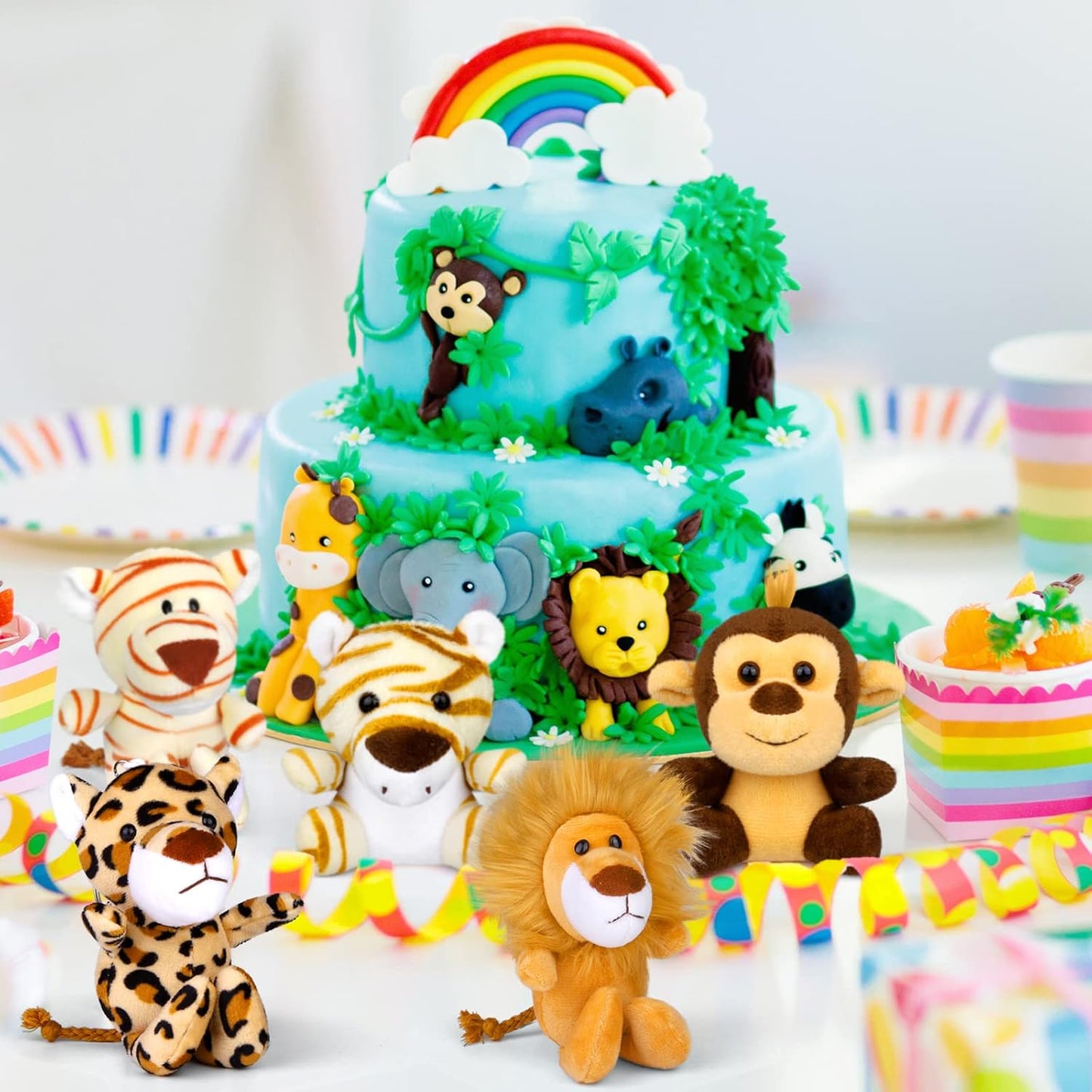 Elcoho 14 Pieces Safari Jungle Animal Plush Toys Small Stuffed Forest Animals Plush Toys 5.9 Inch and 3.75 Inch Keychain Decorations for Animal Themed Parties Goody Bags(Standing,Sitting)