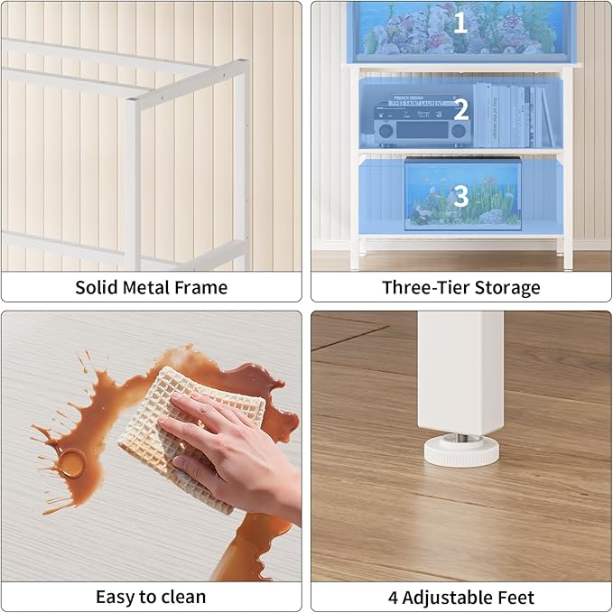 APPLOYN 40-50 Gallon Fish Tank Stand, Aquarium Stand with 3-Tier Storage Shelf, Heavy Duty Metal Frame for Turtle Reptile Terrarium Tank Stand, for Living Room, Office, 36.6" L x 18.9" W x 31.5" H, White