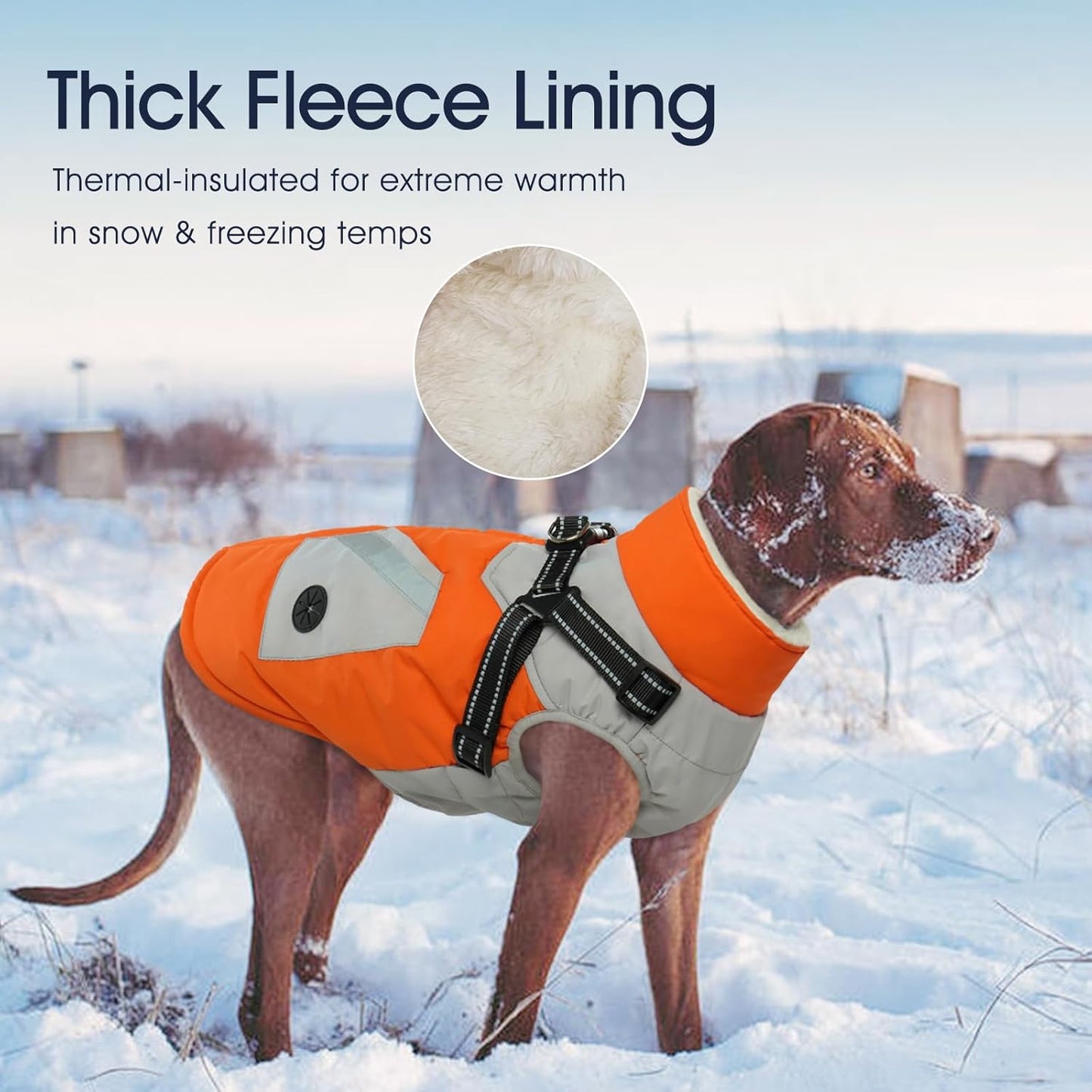 IECOii Dog Coat for Large Dogs, Orange, X-Large - Waterproof Winter Fleece Jacket with Harness, Turtleneck, Reflective Straps, Zipper Closure