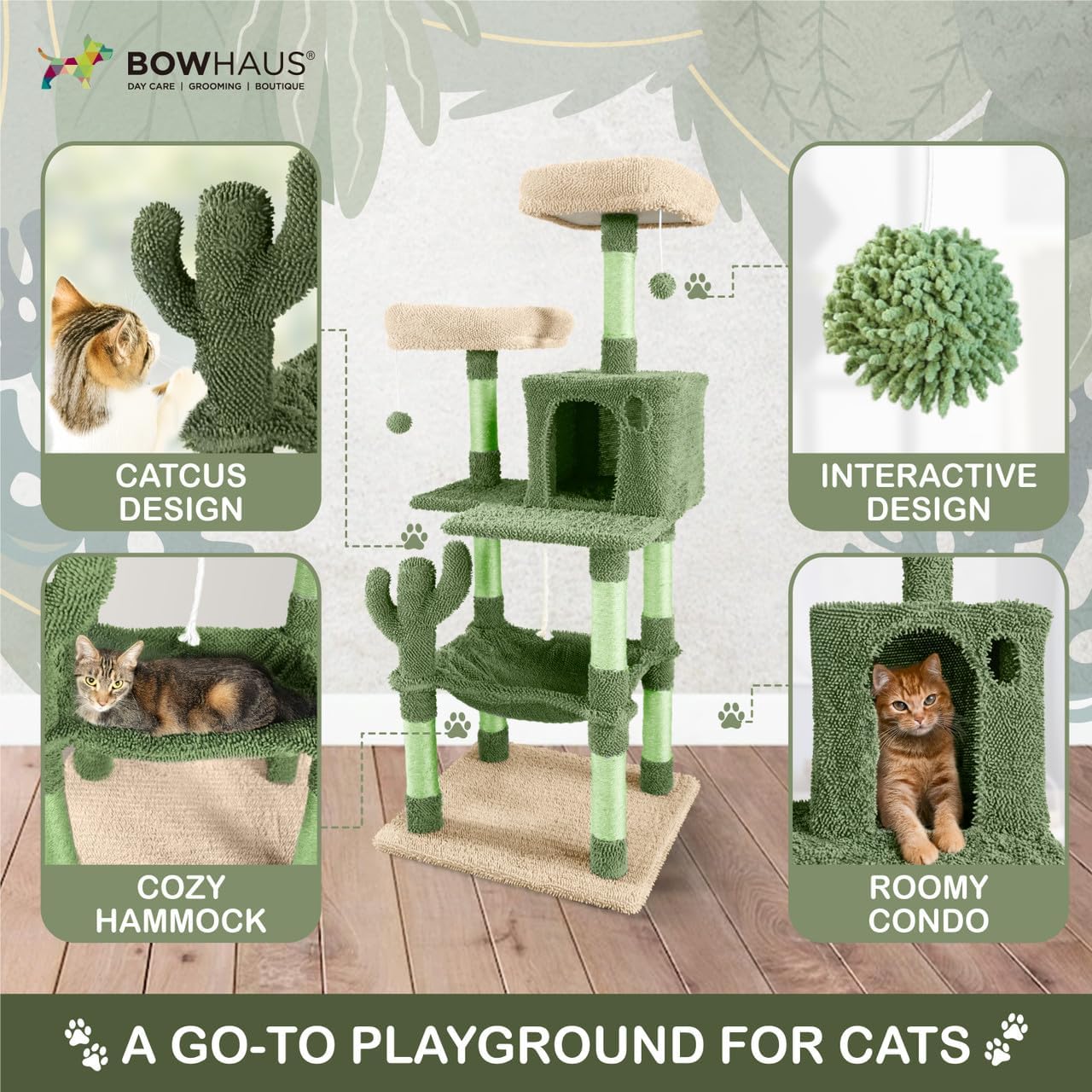 CAPHAUS Cactus Cat Tree for Indoor Cats, Cute 58-Inch Cat Climbing Play Tower with Top Perch for Large Cats Kittens, Multi-Level Cat Activity Tree with Scratching Posts, Hammock, Cat Cave Condo