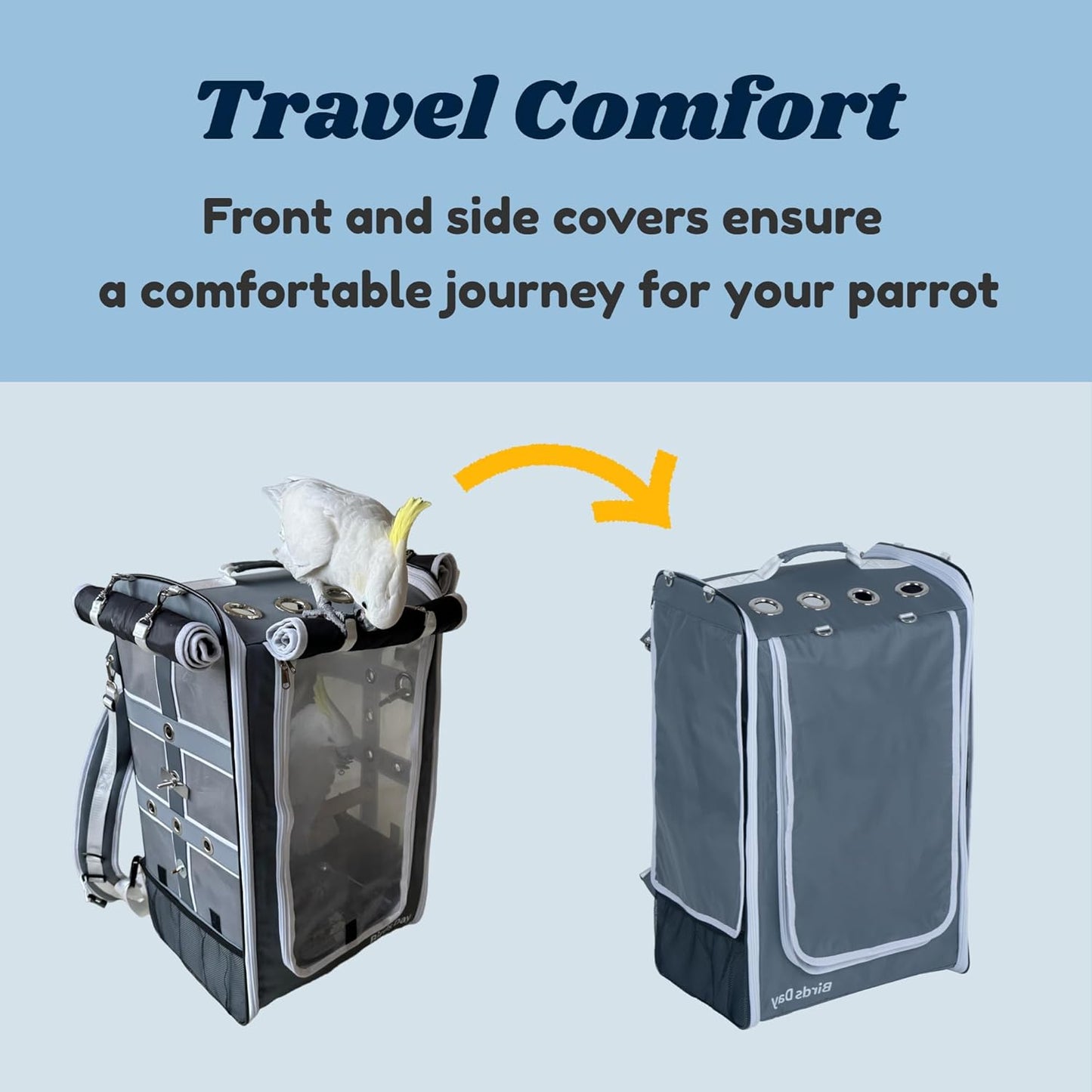 Birds Day Bird Carrier Backpack-Parrot Travel Cage with 2PCS Perch and Food Bowl, Stainless Steel Tray (Charcoal Gray, Cockatoo & Similar)