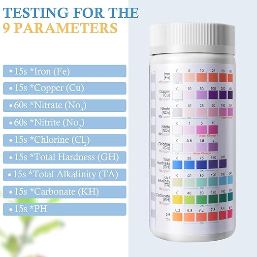 9 in 1 Aquarium Test Strips - 120ct Aquarium Water Test Kit for Freshwater & Saltwater Fish Tank, Testing: Fe, Cu, Nitrate, Nitrite, Chlorine, GH, Alkalinity, Carbonate, PH