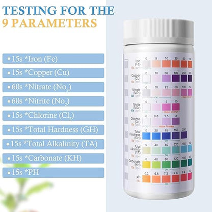 9 in 1 Aquarium Test Strips - 120ct Aquarium Water Test Kit for Freshwater & Saltwater Fish Tank, Testing: Fe, Cu, Nitrate, Nitrite, Chlorine, GH, Alkalinity, Carbonate, PH