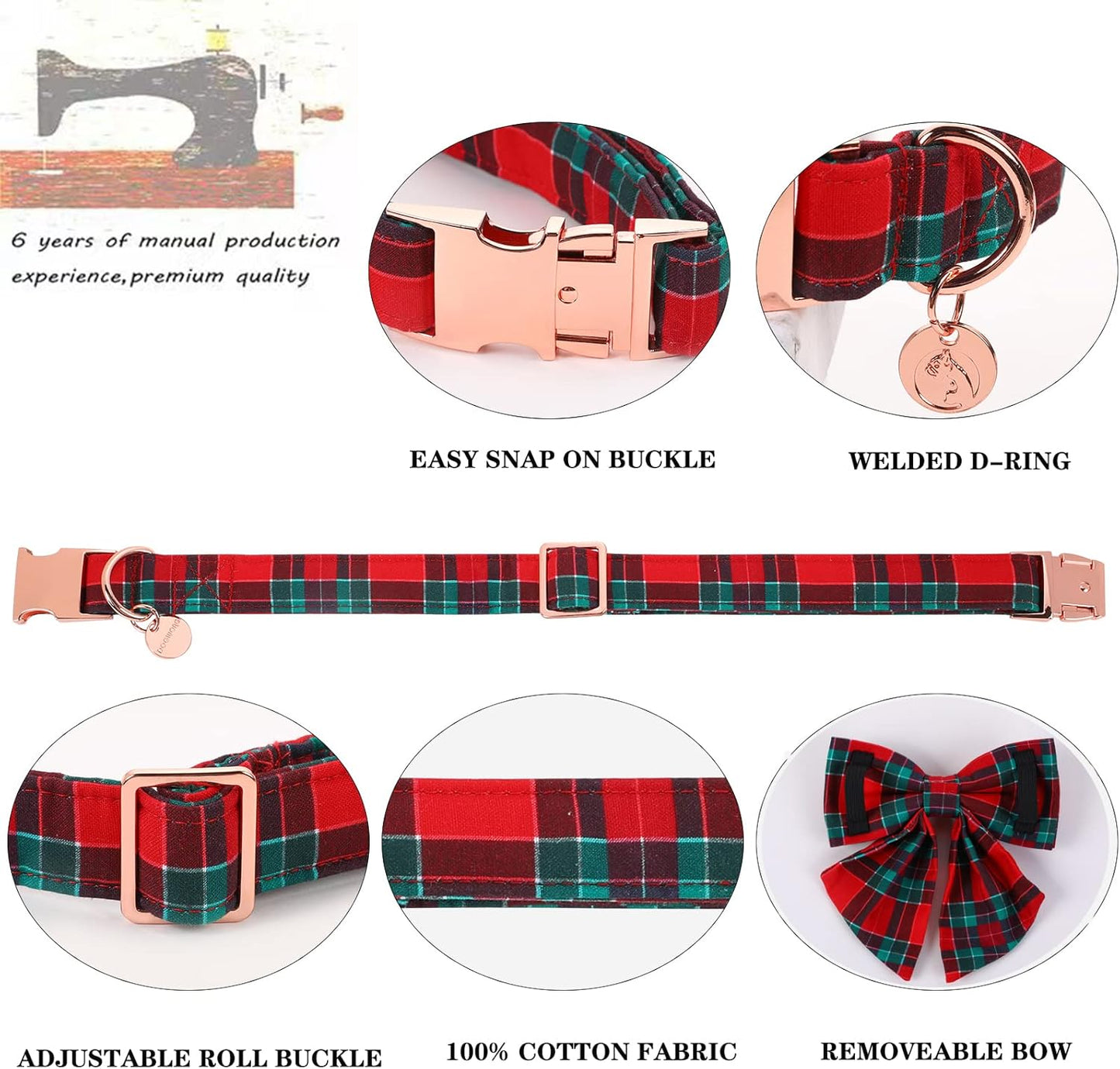 DOGWONG Christmas Dog Collar with Sailor Bow tie, Red Plaid Dog Collar Soft Durable Adjustable Cotton Red Green Tartan Puppy Collar for Small Medium Large Dog