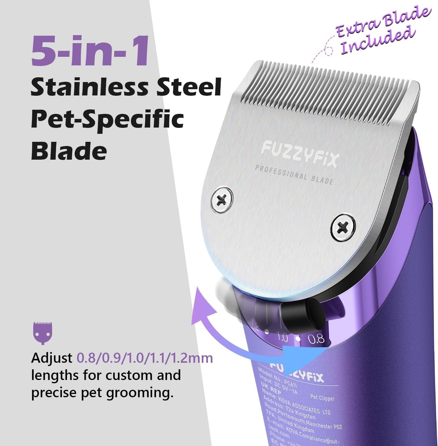 Professional Dog Grooming Clipper with Replacement Blade, 5-in-1 Adjustable Blade Cordless Pet Grooming Kit 2 Speed Trimmer Hair Shaver with Detachable Metal Combs Nova for Animal Horse