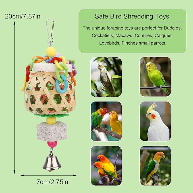 Hypeety Bird Foraging Toys Natural Seagrass Woven Basket Parrot Foraging Chewing Toy with Bell Colourful Parakeet Hanging Toys for Cockatiel Sun Parakeet Budgie Lovebirds (2pcs Woven Basket)