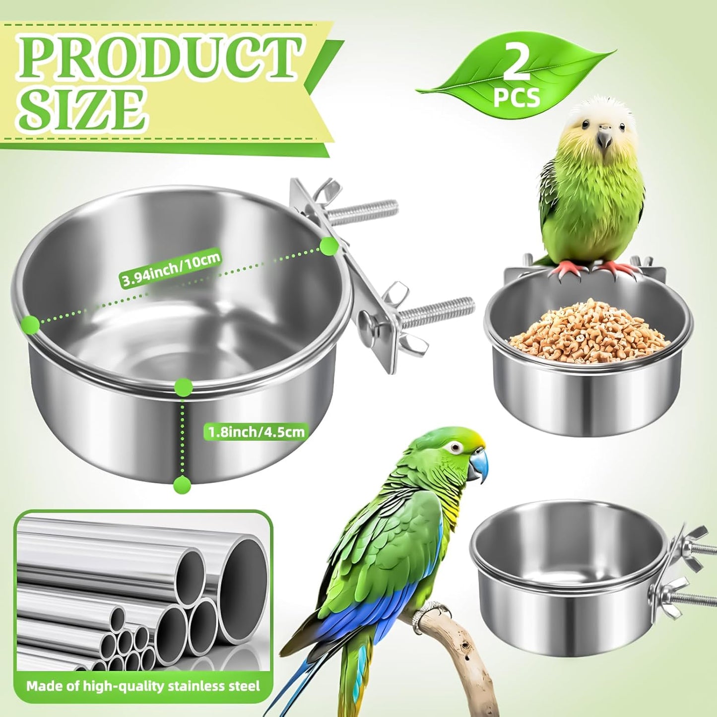 MotBach 2 Pack Bird Feeding Bowls Cups Parrot Food Water Dishes, Stainless Steel Bird Bowl Cup Dish with Clamp, Birdcage Feeder Pet Cage Bowls for Parrot Cockatiel Budgie Conure Parakeet Small Animal