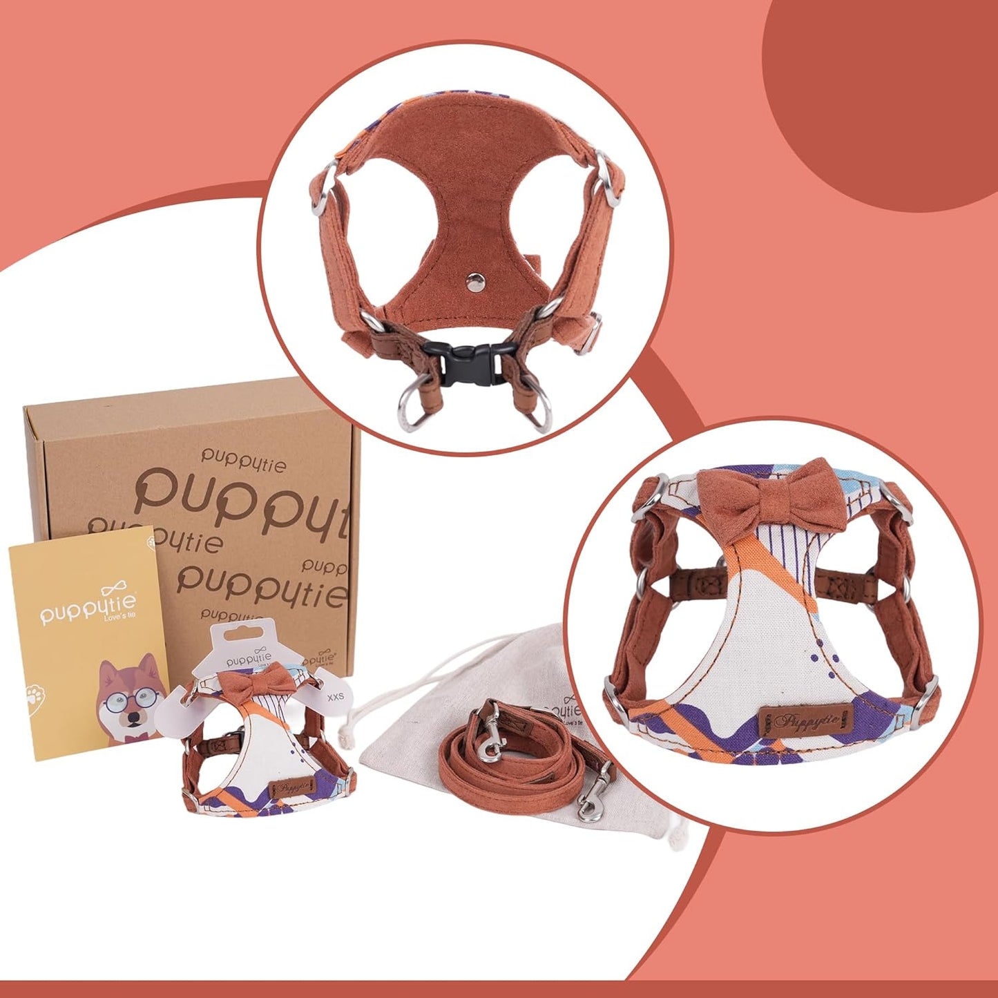 Puppytie No Pull xs Dog Harness with Multifunction Dog Leash,Soft Adjustable No Choke Escape Proof Pet Harness Vest,Suede Bow Brown,XS