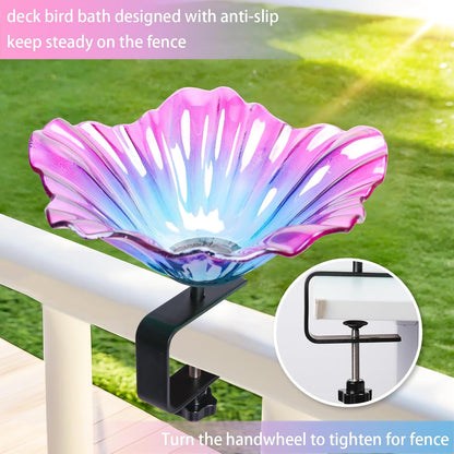 MUMTOP Deck Mounted Bird Baths for Outdoors, Glass Bird Baths Bowl with Adjustable Sturdy Steel Fence Clamp for Garden Patio Lawn Yard Deck Balcony Railing, Purple
