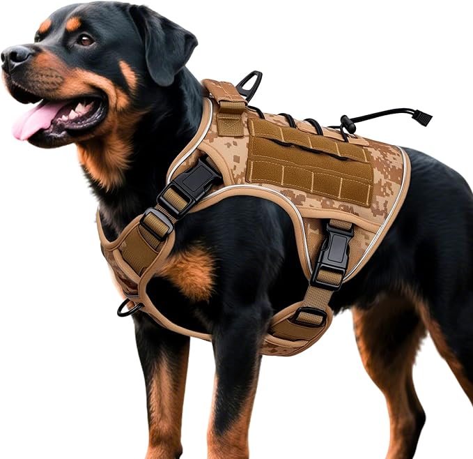 Heavy-Duty Tactical Dog Harness for Large Dogs, No Pull Adjustable Reflective Pet Vest with Molle System, K9 Military-Grade Control for Service Training, Outdoor & 10+ Breeds, Khaki Camo, XX-Large