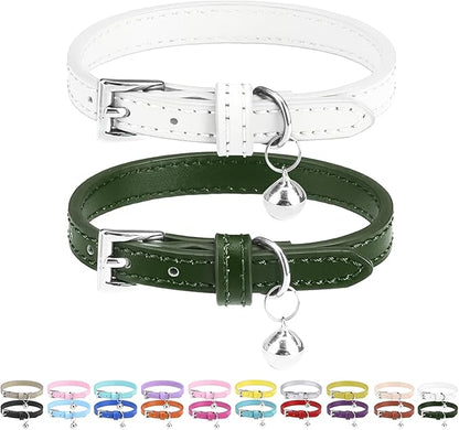 PUPTECK 2 PCS Soft Genuine Leather Cat Kitten Collar with Bells Adjustable for Girl Boy Cats Puppy - White, Deep Green