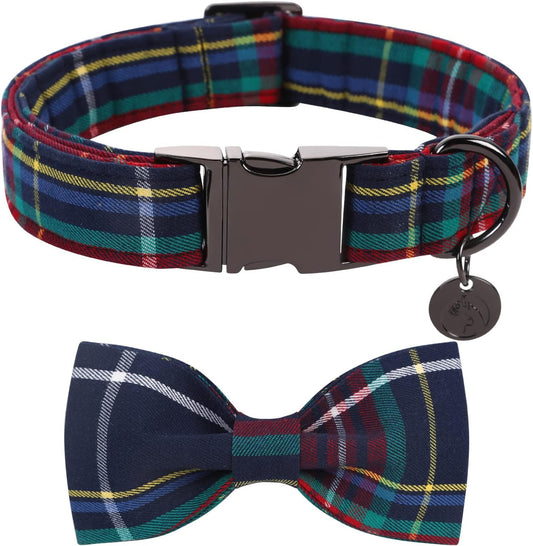 DOGWONG Christmas Dog Collar with Bow tie, Red Blue Plaid Gingham Dog Collar Soft Durable Adjustable Cotton Blue Tartan Puppy Collar for Small Medium Large Dog