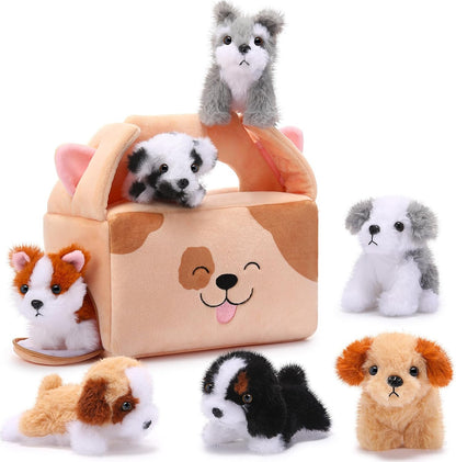8 Pcs Dog Stuffed Animal Set Plush House with 7 Soft Stuffed Animal Plush Toy for Kids Christmas Birthday Halloween Pet Gift Party Favors Goodie Bags Stuffers