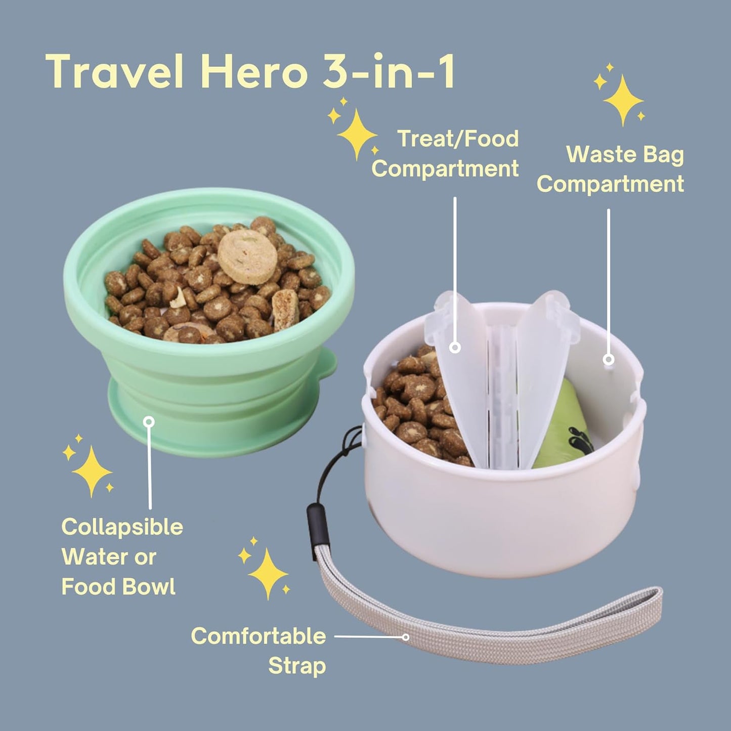 Sweet Paws Travel Hero 3-in-1 Portable Pet Food Container, Silicone Water Bowl, and Poop Bag Dispenser in One, Sea Glass