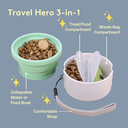 Sweet Paws Travel Hero 3-in-1 Portable Pet Food Container, Silicone Water Bowl, and Poop Bag Dispenser in One, Sea Glass