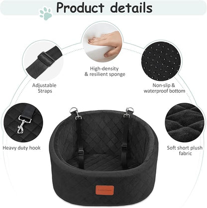 Dog Car Seat for Small Dogs Up to 30 Lbs,Ultra Soft Fabric Fill in Comfy Memory Foam,Happy Pet Ride,2 Safety Dog Leashes,Fully Detachable and Washable,Anti Slip Base(Black)