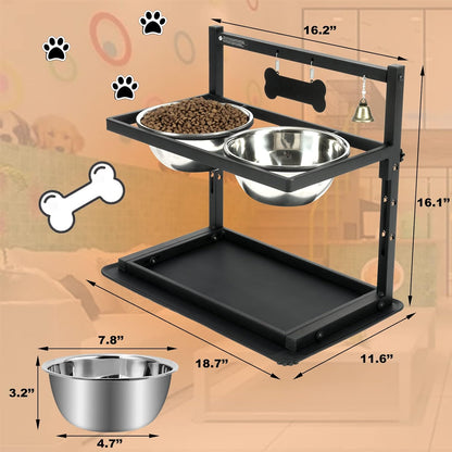 Elevated Dog Bowls, Raised Stand for Large and Medium Dogs, Adjustable Height With Two 58oz Stainless Steel Food Bowls and Spill Proof Mat