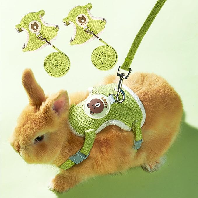 Rabbit Harness and Leash Set 2 Pieces Adjustable Bunny Harness Leash Ferret Harness Guinea Pig Harness Ferret Leash for Small Pets Walking Outdoor (Green, Small)