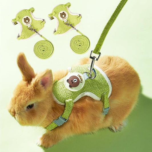 Rabbit Harness and Leash Set 2 Pieces Adjustable Bunny Harness Leash Ferret Harness Guinea Pig Harness Ferret Leash for Small Pets Walking Outdoor (Green, Small)