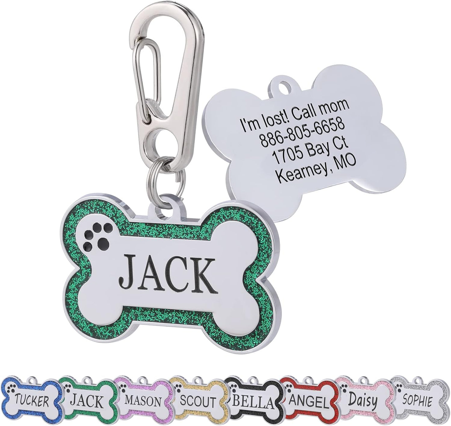 Personalized Stainless Steel Pet ID Tags with Glittery Bone Design - DEEP Engraved Dog Tags Engraved for Pets Customized with 5 Lines Dogs and Cats Pets