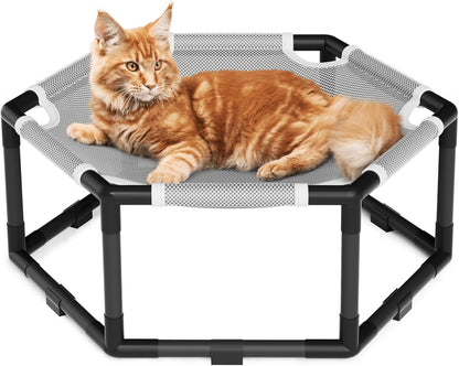 Tresbro Elevated Cat Hammock Bed, Hexagon Raised Cat Swing Bed for Indoor and Outdoor Use with Breathable Fabric & Anti-Slip Block, 20.5'' x 18'' x 9.4'' Pet Chair for Large to Small Kitty Cot