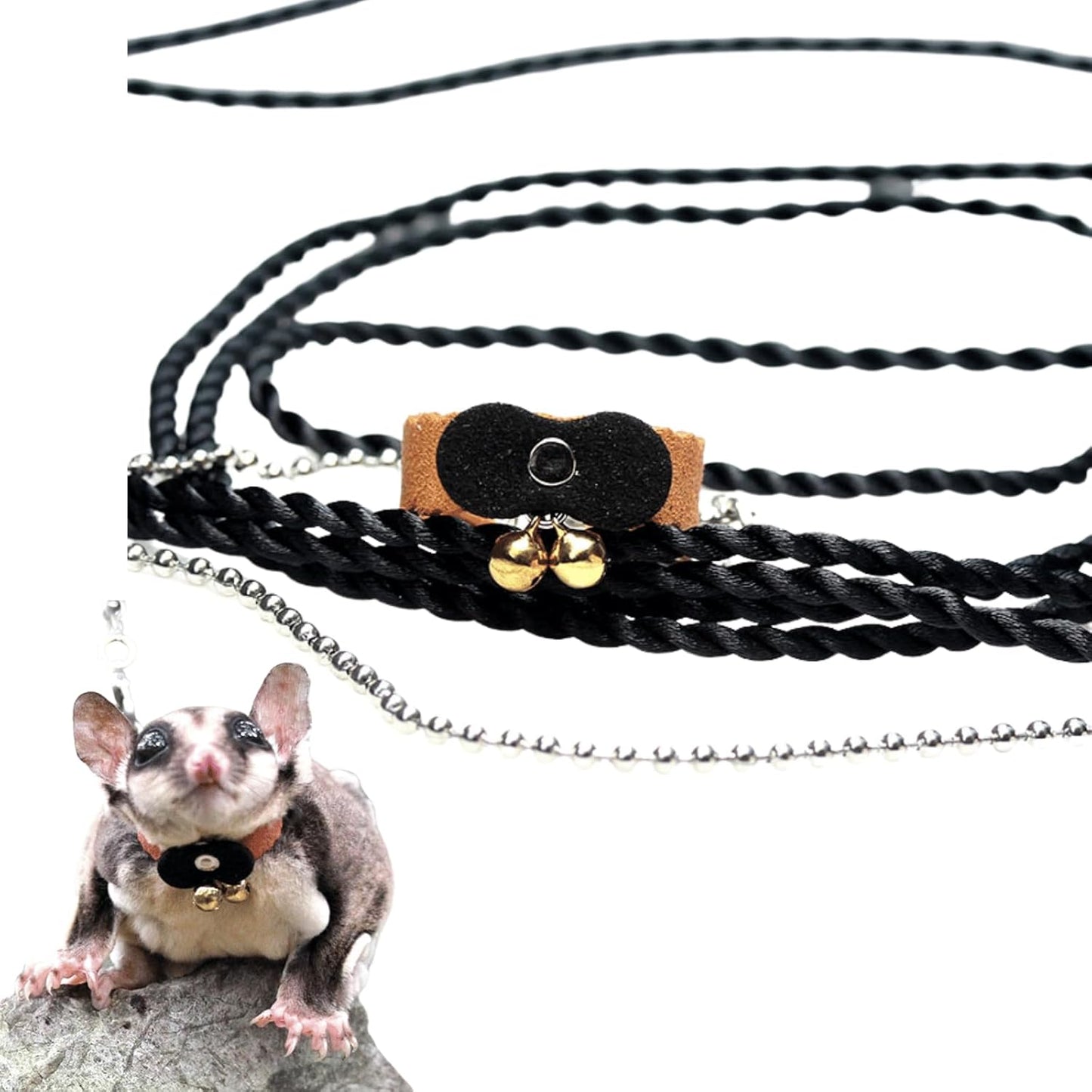 Sugar Glider Traction Rope Strap Anti-Biting Chain Rope, Small Animal Walking Collar Harness with Lead Leash for Hamster Gerbil Rat Mouse Ferret Chinchilla Squirrel (Black with Yellow)