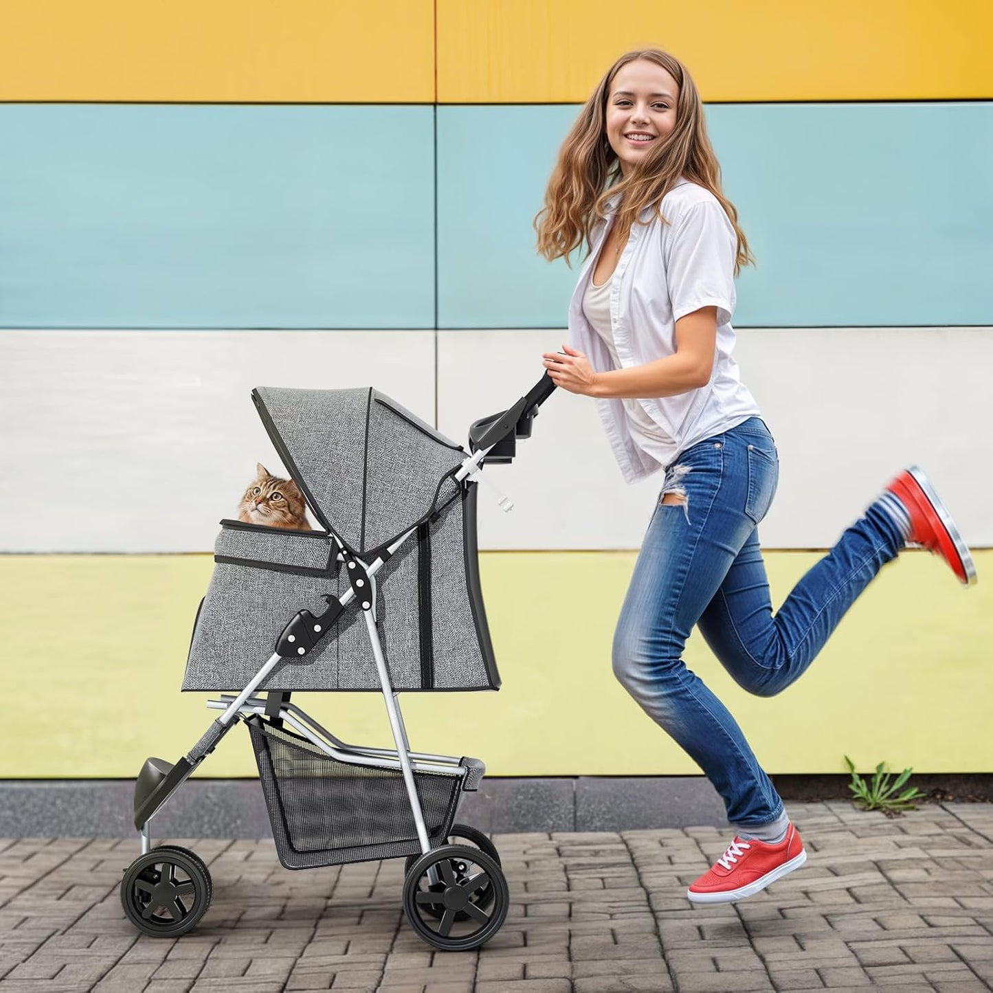 MoNiBloom 3 Wheels Pet Dog Cat Stroller for Small Medium Dogs and Cats, Lightweight Foldable Jogger Stroller w/Storage Basket and Cup Holder, Gray
