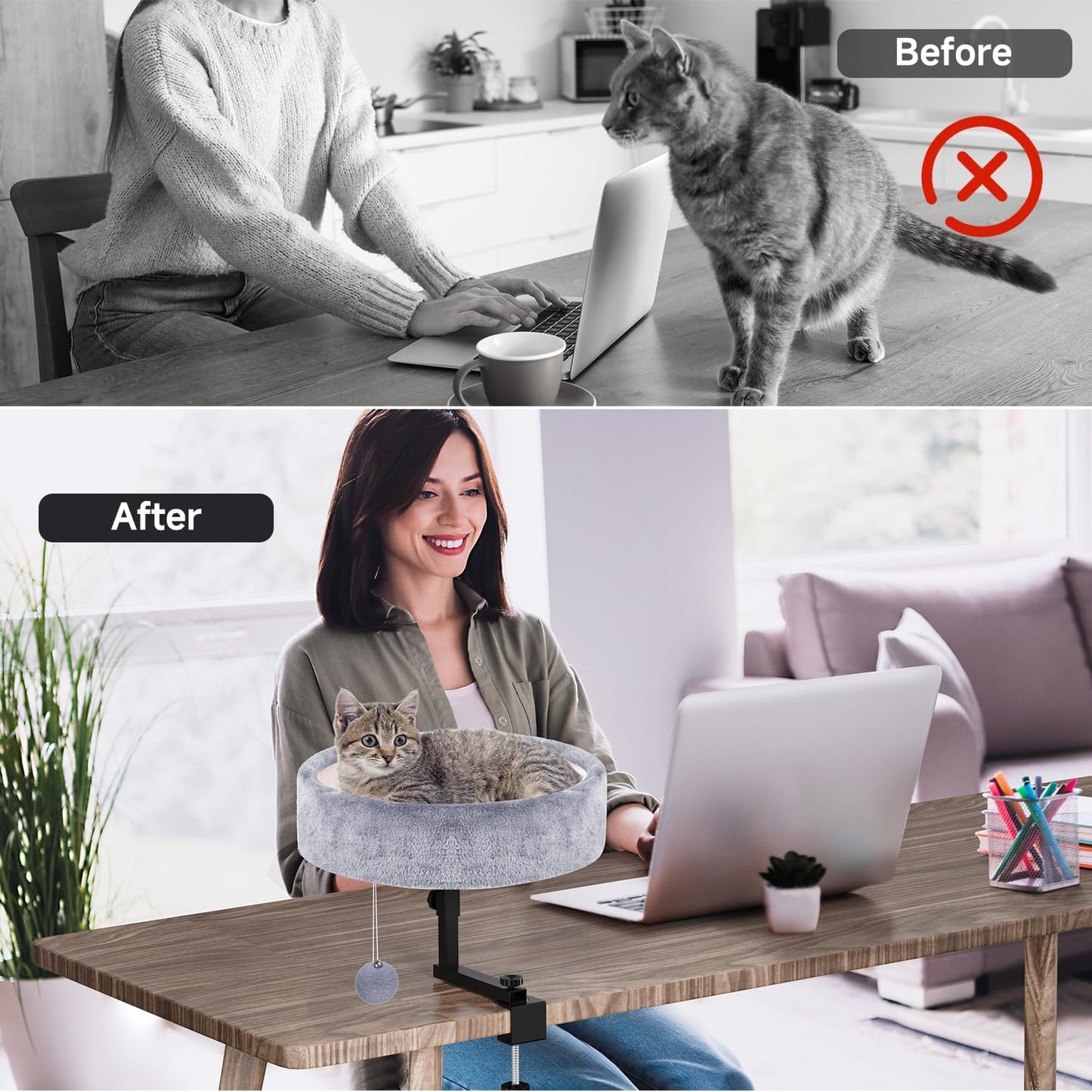 Cat Desk Bed - 360° Rotating & Adjustable, Supports 44 lbs, Soft Faux Fur with Dual-Sided Reversible Mat, Modern Indoor Cat Nest Furniture for Office Desks and Game Tables, Island Table