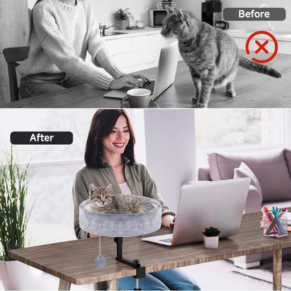Cat Desk Bed - 360° Rotating & Adjustable, Supports 44 lbs, Soft Faux Fur with Dual-Sided Reversible Mat, Modern Indoor Cat Nest Furniture for Office Desks and Game Tables, Island Table