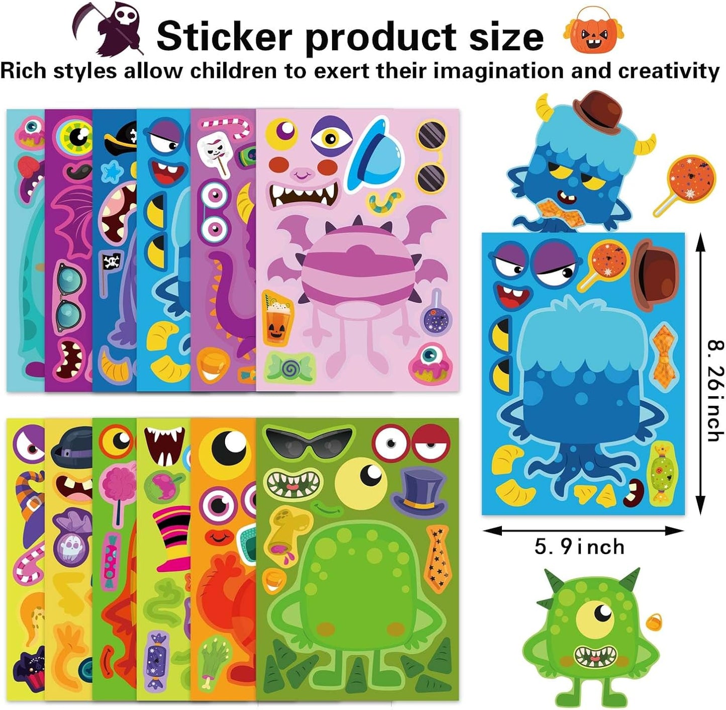 Make a Monster Face Stickers 48PCS Halloween Stickers for Kids Make Your Own Little Monster Sticker Sheets Halloween Theme Crafts Party Game Birthday School Classroom Reward Gift