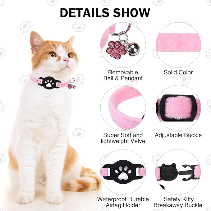 Airtag Cat Collar Breakaway, Cute GPS Cat Tracker Collars with Air Tag Holder, Safety Cat Collars with Bell & Pendant for Girl Boy Cats, Pink