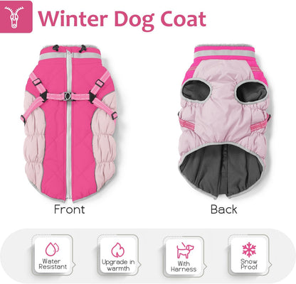 Dog Winter Coat with Harness, Dog Jacket, Pet Clothes with Zipper on Back, Waterproof Windproof Warm Vest, Reflective Cold Weather Coats, for Small Medium Large Dogs, Thick, Pink, S