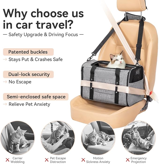 PETSFIT Cat Car Carrier for Small/Medium Cats Dogs, 18"x11"x11" Airline Approved Cat Carrier, with Patent Safety Buckles and Escape-Proof Zipper - Safeguarding Car Travel, Airplane, Vet, Outdoor