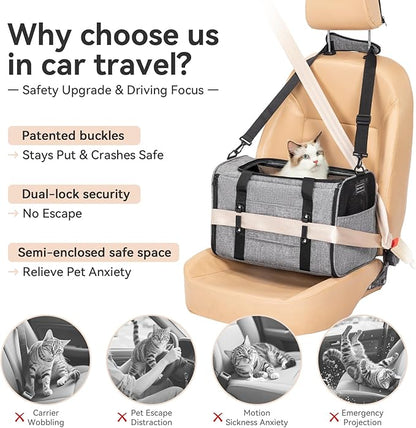 PETSFIT Cat Car Carrier for Small/Medium Cats Dogs, 18"x11"x11" Airline Approved Cat Carrier, with Patent Safety Buckles and Escape-Proof Zipper - Safeguarding Car Travel, Airplane, Vet, Outdoor
