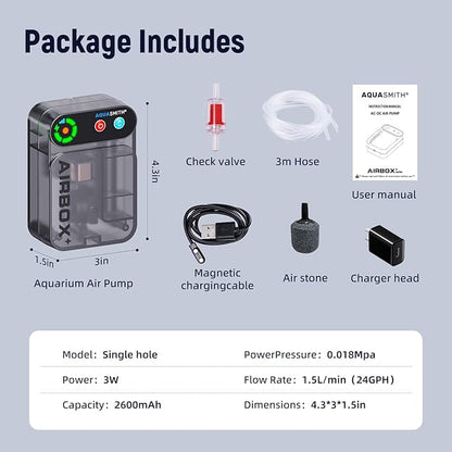 Live Bait Aerator,Ultra-Long Battery Life,Rechargeable Aquarium Air Pump 3w/24GPH(2600mAh Single Hole) IPX4 Magnetic Charging Design,Suitable for Fishing Enthusiasts,with Hose and Stone