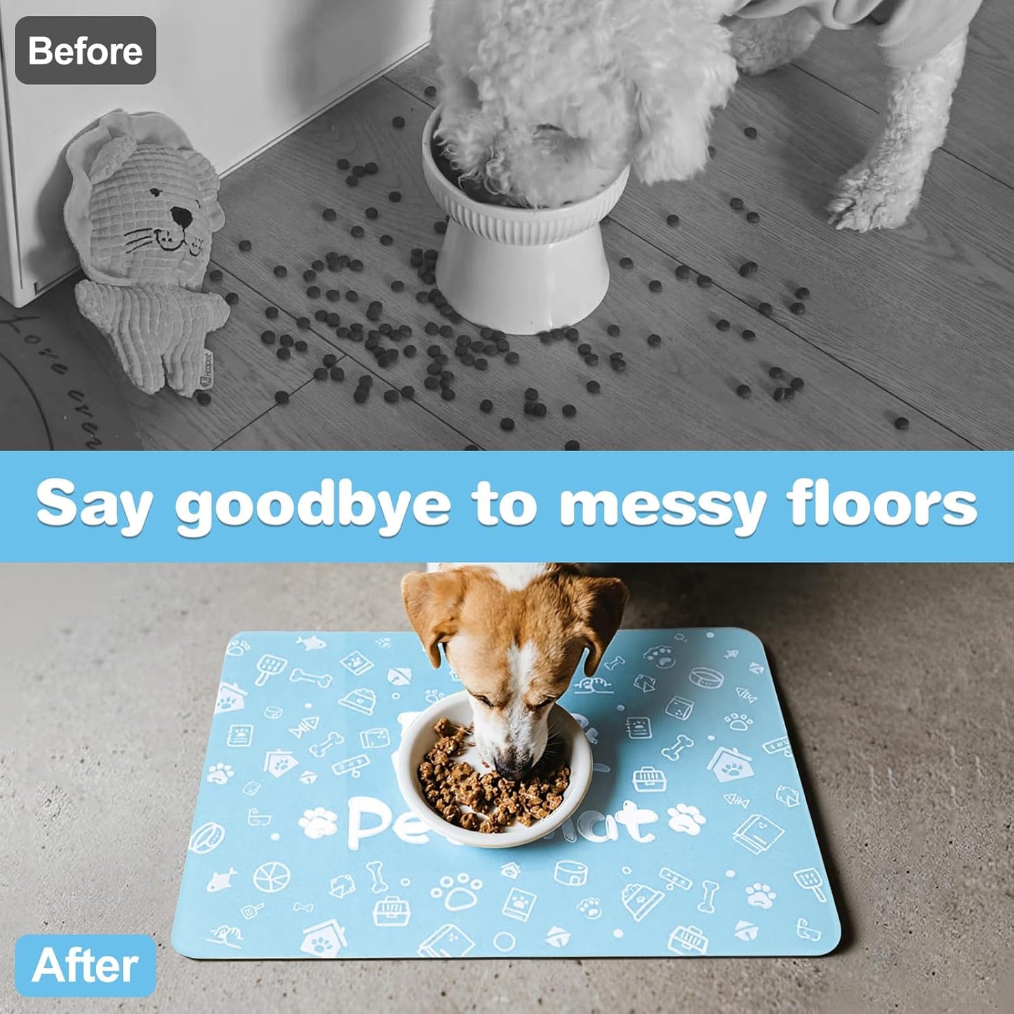 Pet Feeding Mat,Dog Cat Mat for Food and Water,Dog Bowl Waterproof Placemat with Rubber Backing,Absorbent Quick Dry Water Dispenser Mat for Pet（Blue 12"×18"）