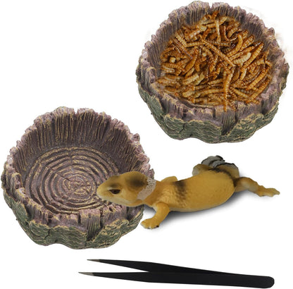 IBWell 2pcs Reptile Water Bowl with Feeding Tweezers - Food Dish for Lizard, Snake, Tortoise & Small Animals - Gray Tree Stump