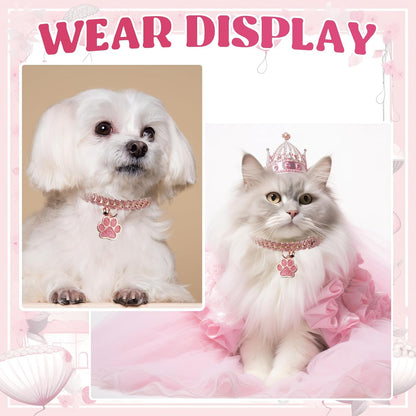 Hillban Cat Collar Diamond Chain Glitter Collar Walking Metal with Secure Buckle Cat Pet Necklace with Paw Charm and ID Tag Bell Link Cuban Jewelry Accessories(12 Inch,Rose Gold, Pink)