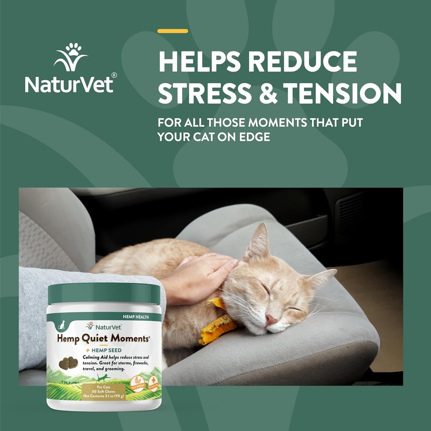 NaturVet Hemp Quiet Moments Plus Hemp Seed for Cats, 60 ct Soft Chews, Made in USA