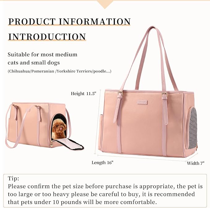 Fashion Dog Purse Pet Carrier Leather Bag for Small Dogs Cats Puppy, Portable Tote Bag Airline Approved Soft-Sided Carriers (Pink)