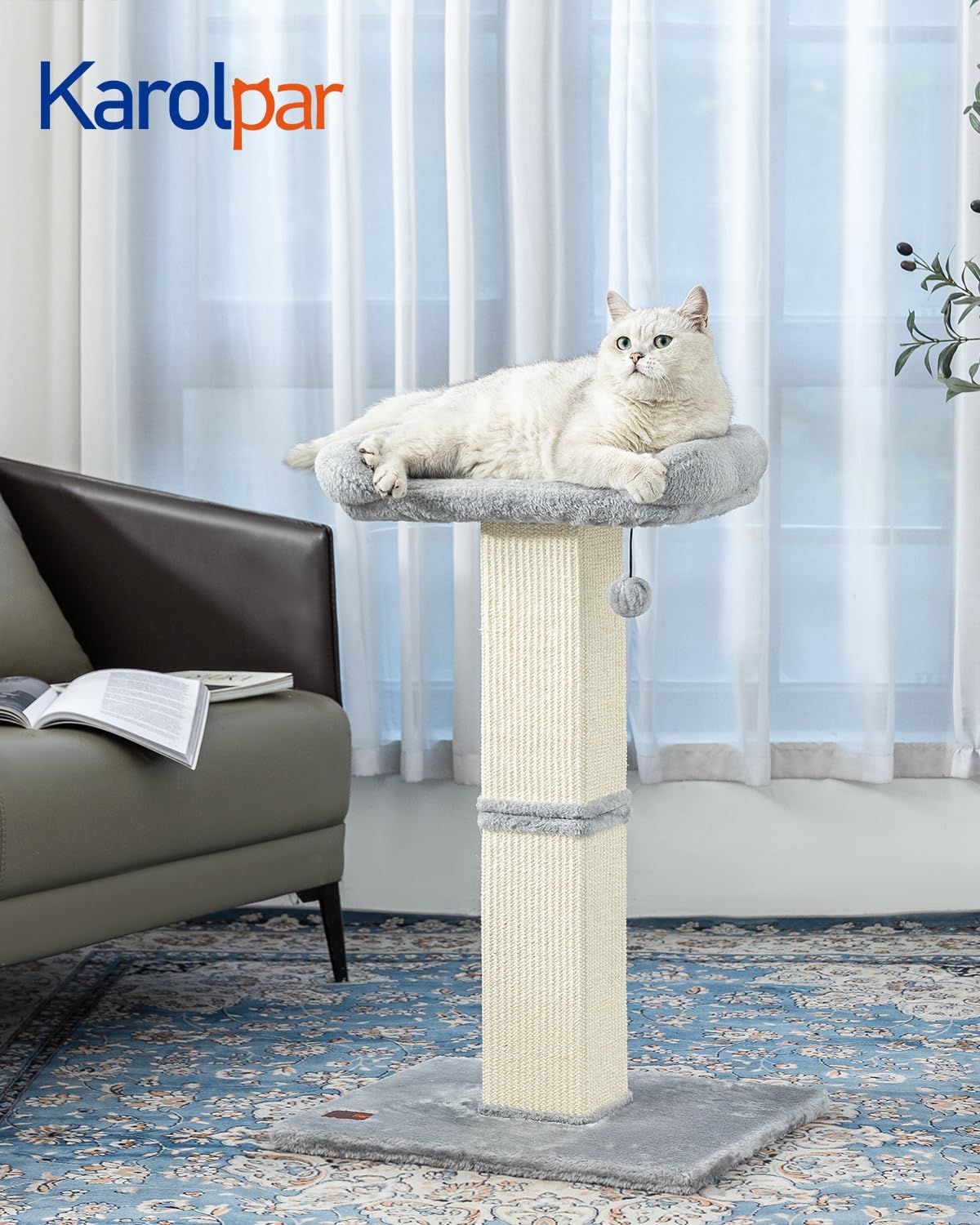 32" Cat Scratching Post for Indoor Cats, Sisal Cat Scratcher with Plush Perch, Large Scratch Post with Bed, Removable Cover, Sisal Fabric,Light Grey