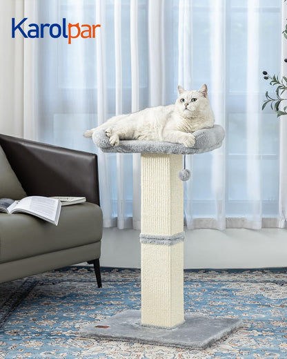 32" Cat Scratching Post for Indoor Cats, Sisal Cat Scratcher with Plush Perch, Large Scratch Post with Bed, Removable Cover, Sisal Fabric,Light Grey