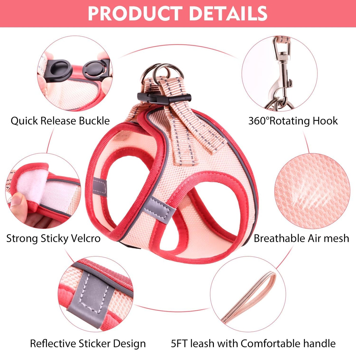 Cat Harness and Leash Set, Soft and Breathable Vest with Reflective Strip, Escape Proof Kitten Harness, Easy to Wear for Cats Walking and Traveling (Red, XS)