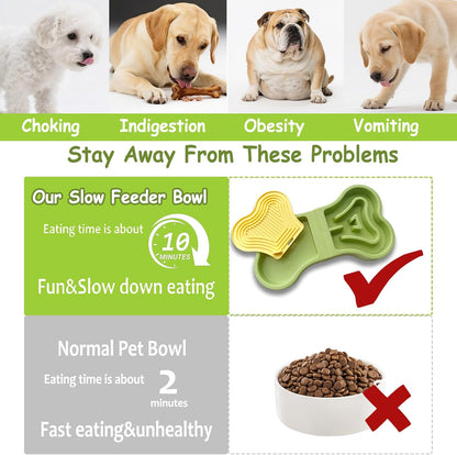 Bone Slow Feeder Bowl for Dogs Cats - 2-in-1 Lick Mat & Water Dish with 6 Non-Slip Pads, Food-Grade PP & Silicone Pet Bowl for Anti-Choking，Fun Feeding，Anxiety Relief (Green)