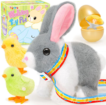 Tagitary Plush Bunny Toy for Kids,Easter Interactive Realistic Bunny with Leash,Golden Egg and Wind Up Toy,That Hopping,Ears Wiggling,Twitching Nose,Rabbit Toys Easter Stuffers Gift for Toddlers
