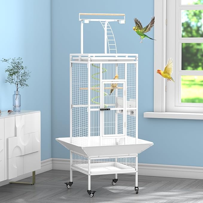 61 Inch Large Bird Cage with Rolling Stand, Heavy-Duty Wrought Iron Birdcage with Ladder, Playtop Parrot Cage for Parrots, Cockatiels, Budgies, Lovebirds, Small/Medium Birds