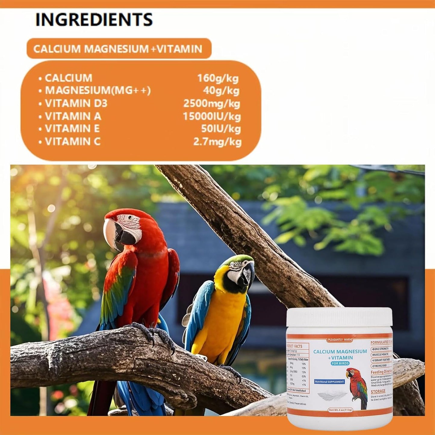 Calcium Powder for Birds with Magnesium & Vitamin D3 – 4oz，Essential for molting Period ， Faster Feather Regrowth, Strong Beak & Bone