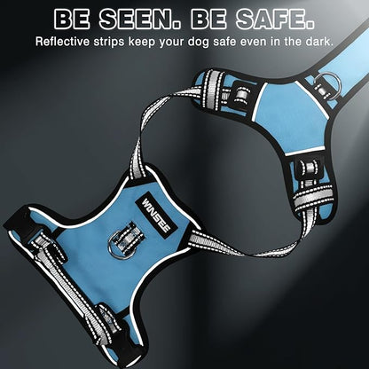 WINSEE Dog Harness No Pull, Pet Harnesses with Dog Collar, Adjustable Reflective Oxford Outdoor Vest, Front/Back Leash Clips for Small, Medium, Large, Extra Large Dogs, Easy Control Handle for Walking
