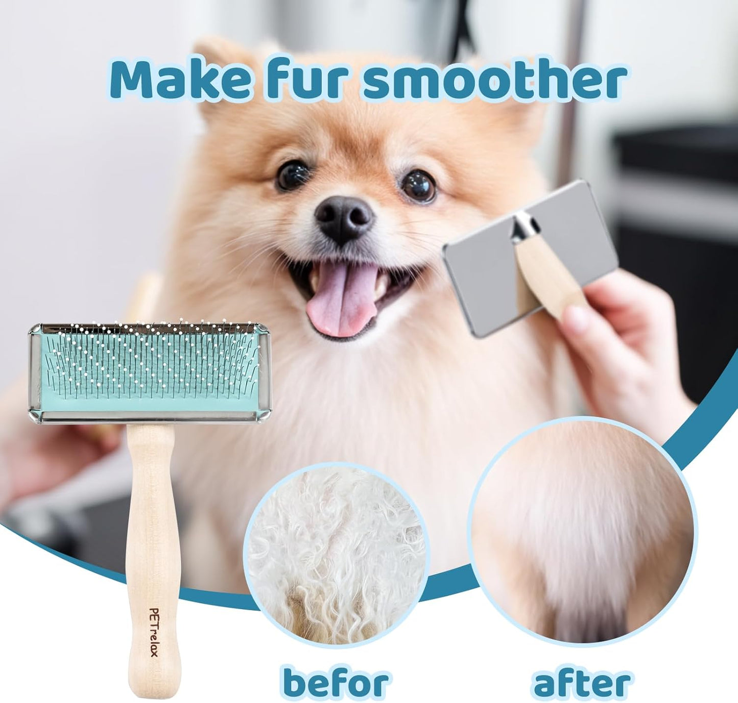 Pin Brush for Dog & Cat,Grooming Brush for Shedding, Dematting, Bath, for Long/Short Hair, Poodles, Indoor Cats, Wooden Handle, with Angled Stainless Steel Pins and Coated Tips