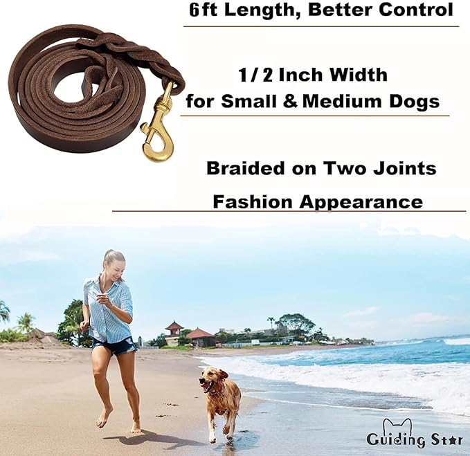 Guiding Star Leather Dog Leash 6ft, Dog Leashes for Large Dogs Heavy Duty, Soft Braided Handmade Leather Training Leash for Large & Medium Dogs (6ftx1/2inch, Brown)